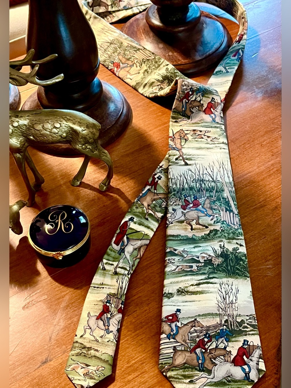 English Fox Hunt Theme Silk Tie Horses USA